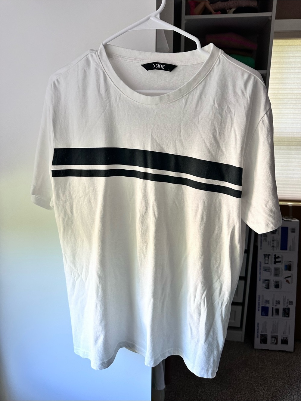 Men's White Short Sleeve Tee with Black Chest Stripes